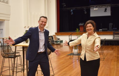 Mayor and Cr McIntosh welcoming back events to Civic Hall