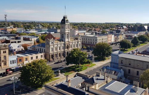 Aerial image of Ballarat Town Hall and Sturt Street 