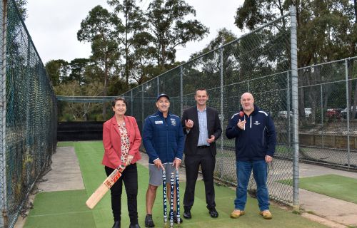 Member for Buninyong, Michaela Settle, Mt Clear Cricket Club representative, City of Ballarat Mayor, Cr Daniel Moloney and Mt Clear Cricket Club president Anthony Tigchelaar standing at the old cricket nets to be replaced