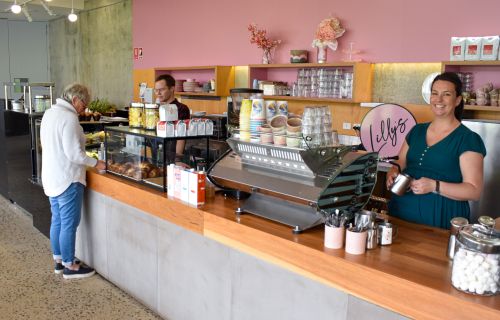 Catherine Gill at the bar of the cafe at Eureka Centre