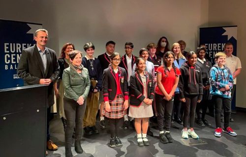Mayor of Ballarat Cr Daniel Moloney and Cr Belinda Coates with our Youth Ambassadors at Eureka Centre
