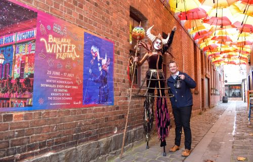 Mayor of Ballarat Cr Daniel Moloney in Hop Lane with Beyond Dark performer