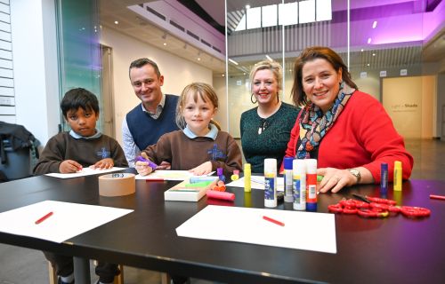 St Thomas More Student draw pictures with Mayor of Ballarat Cr Daniel Molonwy, Art Gallery of Ballarat Director Louise Tegart and Wendouree MP Julianna Addison