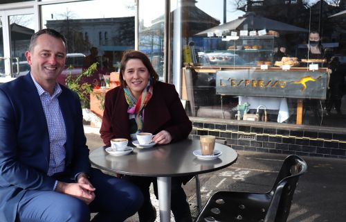 Mayor of Ballarat Cr Daniel Moloney with Juliana Addison MP at L'Espresso