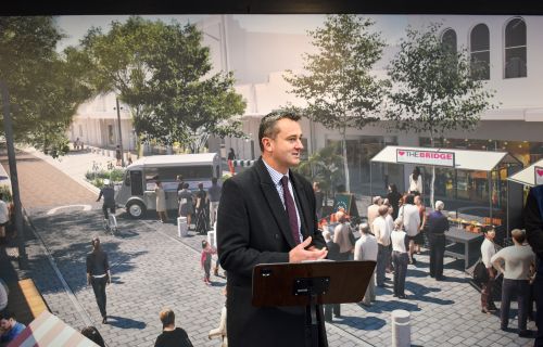 Mayor of Ballarat Cr Daniel Moloney presenting at launch of Bridge Street redevelopment designs