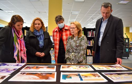 Mayor Daniel Moloney with Labor MPs and Ballarat Libraries Jenny Fink with new designs