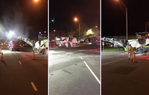 Three photos are side by side. They all depict a profiling machine working on a road from different angles. 