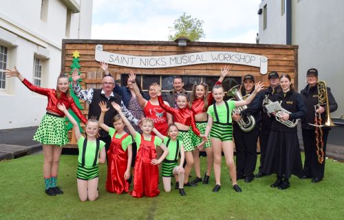 Mayor with Liv Lorkin Nick Carpenter Ballarat Centre of Music and the Arts and City of Ballarat Brass Band at launch of Christmas in Ballarat 