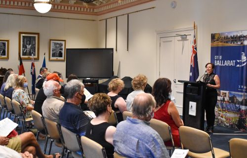 Cr Coates addresses an audience at the Community Awards ceremony last year. 