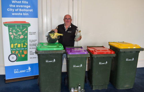 City of Ballarat Mayor Cr Des Hudson with four kerbside collection bins