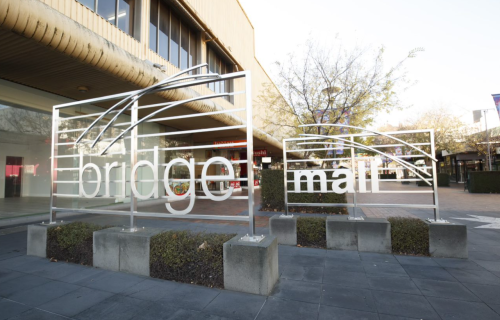 The entrance sign to the Bridge Mall