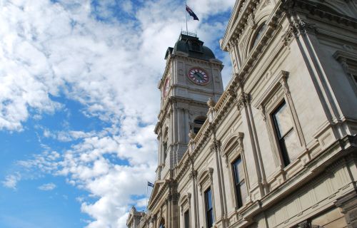 Generic image of Ballarat Town Hall facade, flag pole, blue skies