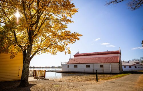 Lake Wendouree boatshed in winter sunlight