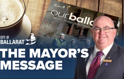 Text with The Mayor's Message with an image of Mayor Cr Des Hudson in front of an ourballarat magazine