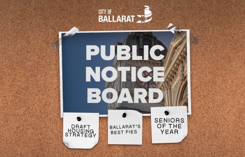 Notice board with Public Notice Board text over an image of Ballarat Town Hall. Three notes underneath with text saying draft housing strategy, Ballarat's Best Pies, Seniors of the Year