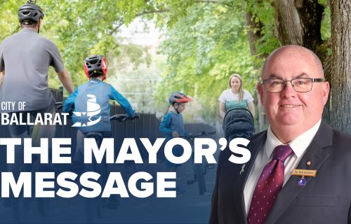 Text with The Mayor's Message with an image of Mayor Cr Des Hudson in front of a people riding bikes