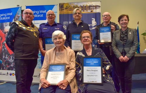 City of Ballarat Mayor Cr Des Hudson with Volunteer Award winner Steve Burgess,  Equity Diversity and Inclusion Award winner Cheryl Szöllősi,  Healthy and Active Living Award winner Stuart Bell, Cr Belinda Coates, Ballarat Senior of the Year winner Maureen Doonan and Ageing Well Award winner Mary Douglas. 