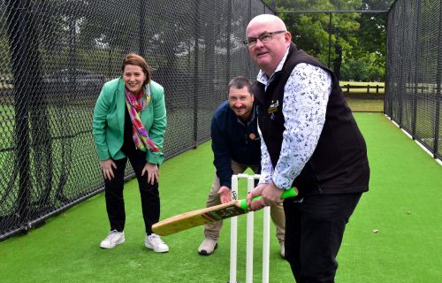 City of Ballarat Mayr, Cr Des Hudson with Member for Wendouree Juliana Addison and Lucas Cricket Club president Dave Horwood.