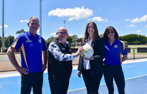 City of Ballarat Mayor, Cr Des Hudson with Member for Ripon, Martha Haylett and Stephen and Allison Griffin from Learmonth Football Netball Club.