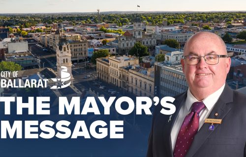 Text with The Mayor's Message with an image of Mayor Cr Des Hudson in front of an aerial shot of Ballarat