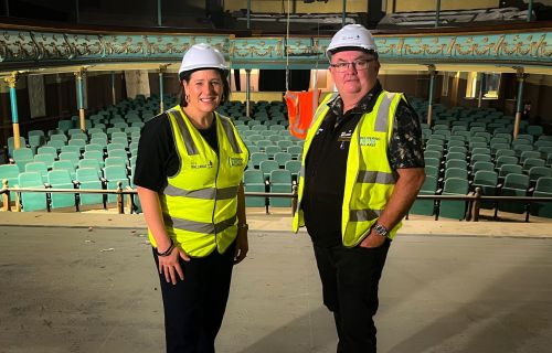 Member for Wendouree, Juliana Addison with City of Ballarat Mayor, Cr Des Hudson on the Her Majesty's Theatre stage. 