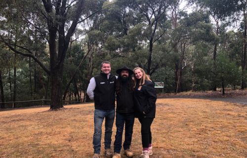 City of Ballarat Senior Sustainability Policy and ESD Officer Heath Steward with Wadawurrung Traditional Owners Aboriginal Corporation representatives Chase Aghan and Kelly Ann Blake at Gong Gong Reservoir.