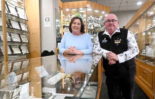 Commerce Ballarat CEO Jodie Gillet and City of Ballarat Mayor Cr Des Hudson, in a local Ballarat business