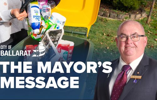 Text with The Mayor's Message with an image of Mayor Cr Des Hudson in front of someone putting their recycling in the recycling bin