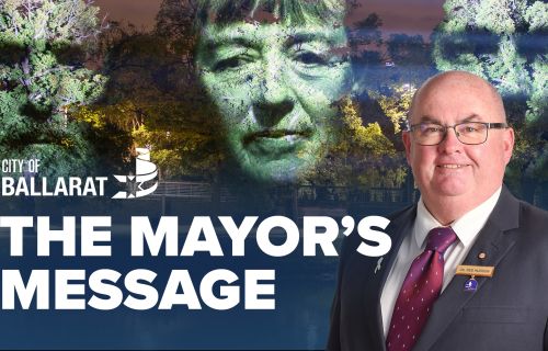 Text with The Mayor's Message with an image of Mayor Cr Des Hudson in front of the 'Monuments' exhibition by Craig Walsh which is set to light up Sturt Street