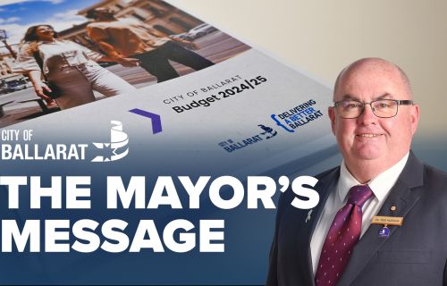 Text with The Mayor's Message with an image of Mayor Cr Des Hudson in front of the 2024/25 Budget document