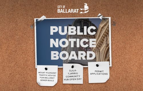 Notice board with Public Notice Board text over an image of Ballarat Town Hall. Three notes underneath with text saying Mount Pleasant traffic advice for Ballarat Sewer Build, Djila-tjarriu Community Hub Open Day, PERMIT APPLICATIONS