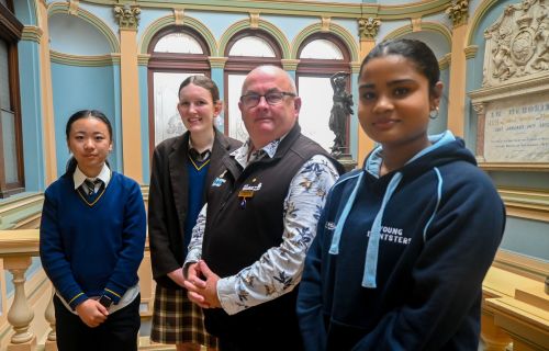 City of Ballarat Mayor, Cr Des Hudson with youth volunteers Maggie Cai, Shayla Cobbledick and Mahima Sara-Moncy. 