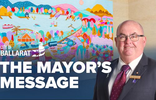 Text with The Mayor's Message with an image of Mayor Cr Des Hudson in front of new Art Trail