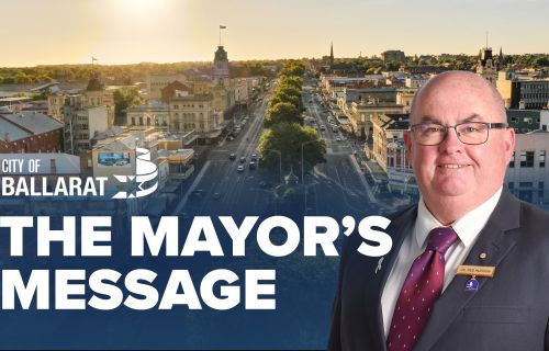 Text with The Mayor's Message with an image of Mayor Cr Des Hudson in front of an aerial view of Ballarat