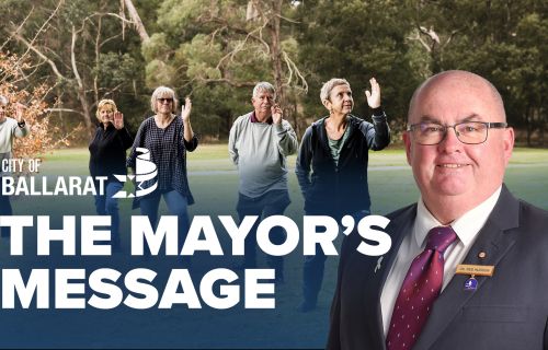 Text with The Mayor's Message with an image of Mayor Cr Des Hudson in front of seniors doing Tai Chi