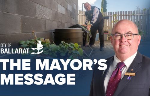 Text with The Mayor's Message with an image of Mayor Cr Des Hudson in front of the Sebastopol Library community garden