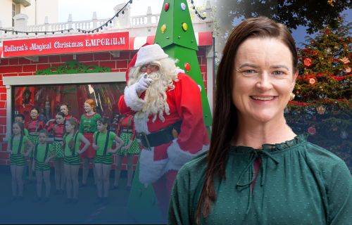 Image of Mayor Cr Tracey Hargreaves in front of Ballarat's Magical Christmas Emporium activation with young dancers and Santa