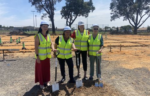 City of Ballarat Mayor Cr Tracey Hargreaves, Member for Wendouree Juliana Addison, Federal Member for Ballarat Catherine King and Sebastopol Senior Citizens Club secretary Bev Lovett at the Sebastopol Community Hub construction site.