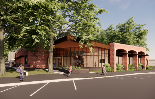 Digital Rendering: The main entry doors and social space, looking south-west from Eastwood Street