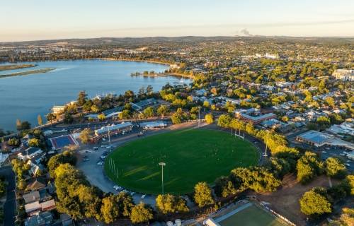 Aerial image of City Oval, Lake Wendouree and Ballarat skyline