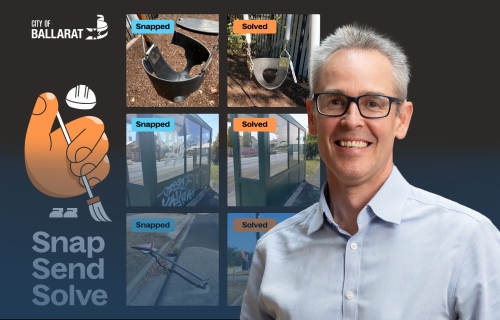 Image of Deputy Mayor Cr Ben Taylor in front of some Snap Send Solve examples