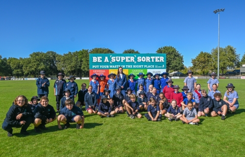 City of Ballarat Mayor Cr Tracey Hargreaves with children who competed in the Waste Super Sorter Competition