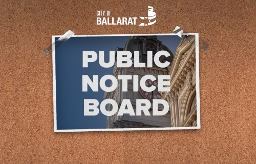 mocked up image of a cork boards with a poster taped to it that has the City of Ballarat Logo and the words Public Noticeboard