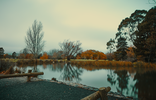 A small lake surrounded by autumn trees