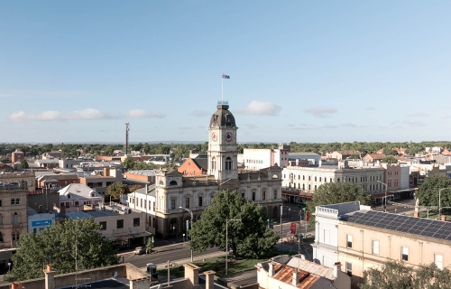 Aerial image across the Ballarat CBD featuring the Town Hall