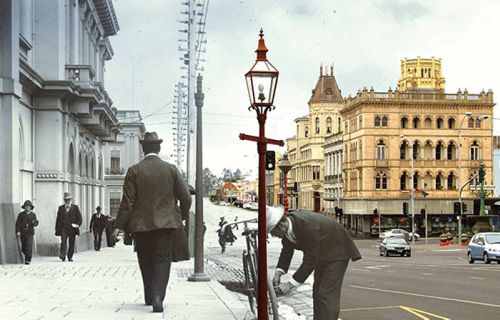 A heritage image looking towards Lydiard Street South blended with a modern image