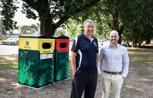 City of Ballarat Supervisor Lake Wendouree Bernard Blook and Manager Business Improvement Matt Swards with the smart bins at Lake Wendouree