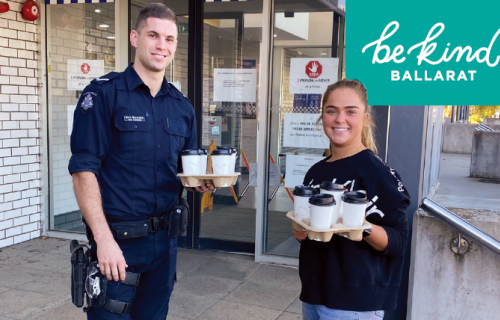 Coffee kindness: Higher Society’s customers decided to show some extra kindness by ordering additional coffees for our health professionals and local police. Pictured: Higher Society’s Meg Taylor delivering donated coffees to First Constable Nick Smerdon at Ballarat Police Station. 