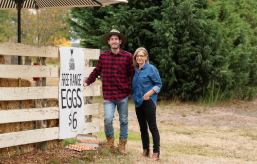 Food for thought: Joel and his mum, Sue Owins, with fresh eggs at their farmgate.