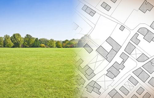 Image of a green field and a map of a street